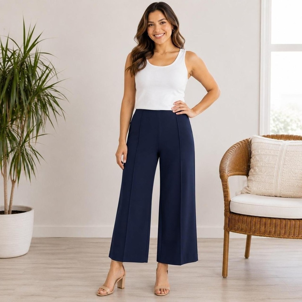 CHICO'S Ponte Pintuck Wide Leg Ankle Pants Navy Blue Sz 2 Sz 12